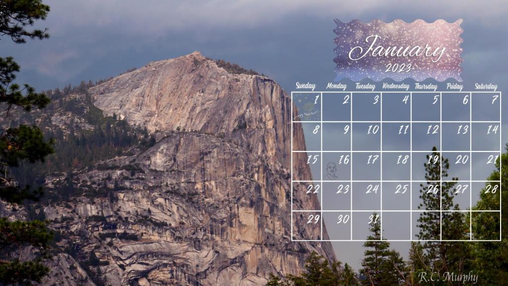 Background image of a mountain peek in eastern Yosemite Valley with a January 2023 calendar over it.