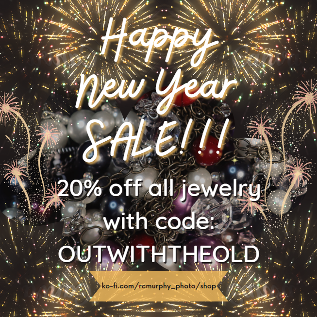 Flier: Fireworks and jewelry background. Text: Happy New Year Sale!!! 20% off all jewelry with code: OUTWITHTHEOLD. Site address on bottom